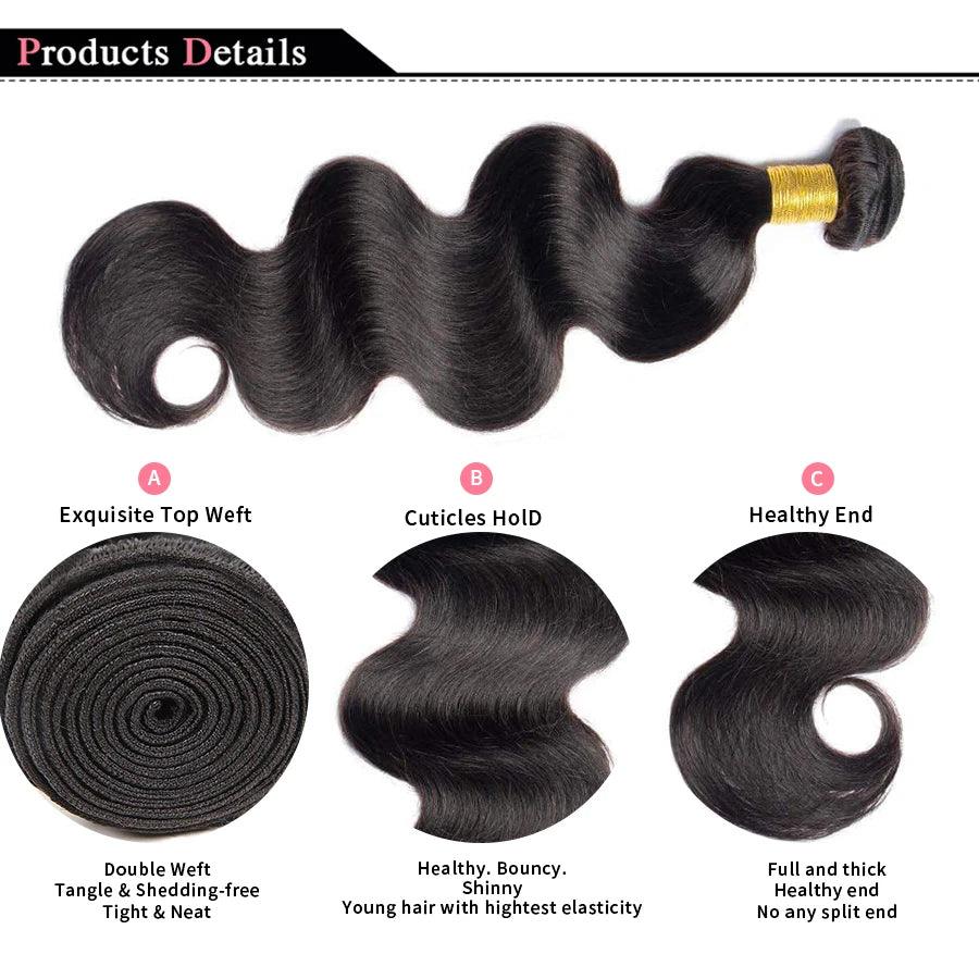 Brazilian Body Wave Hair Bundles - 100% Natural Black Human Hair Extensions, 3 PCS for Effortless Glam