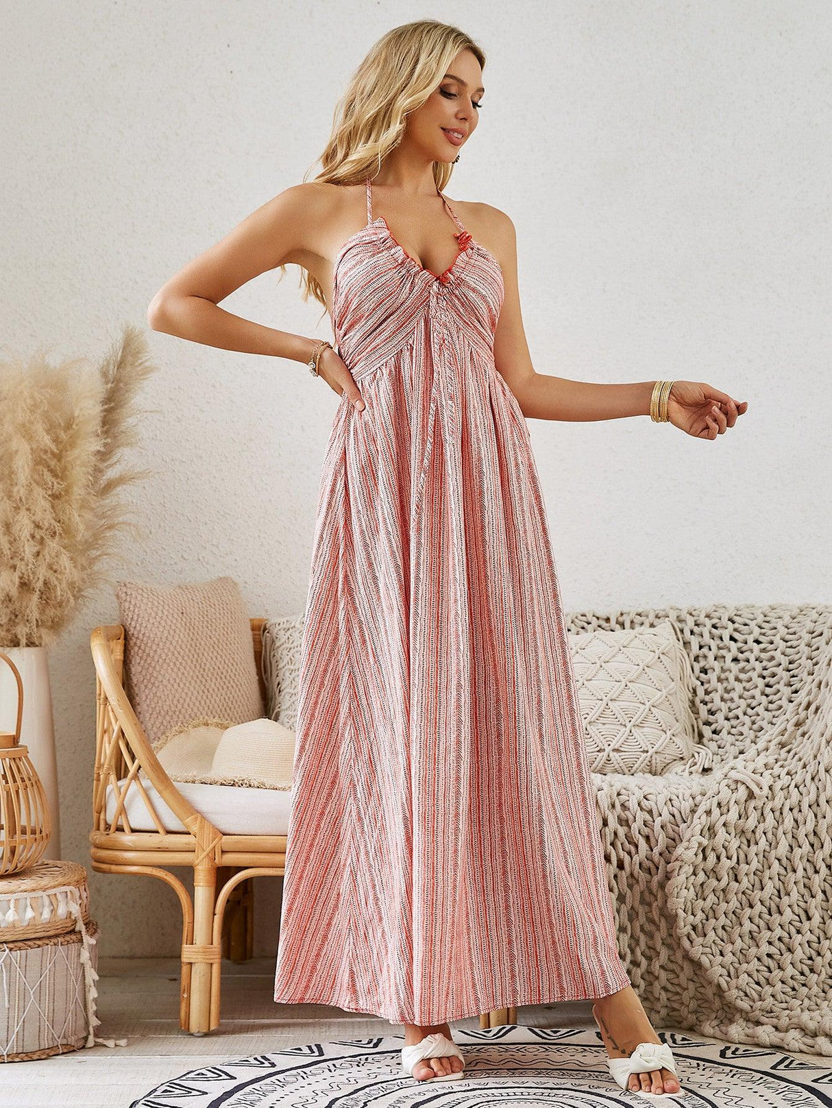 Bohemian Halter Maxi Dress - Women's Summer Sleeveless Flowy Beach Dress