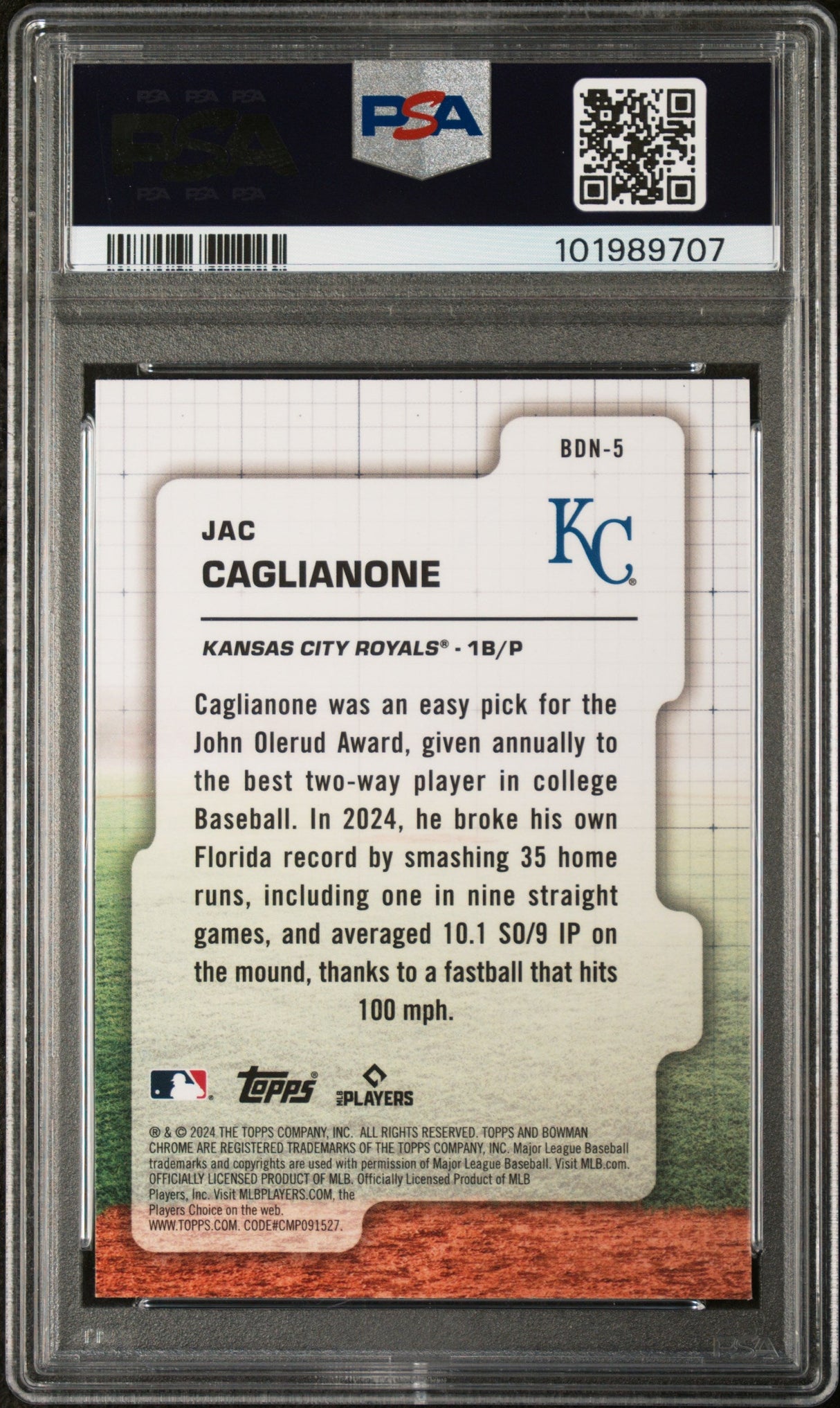Tarjeta de béisbol RC Jac Caglianone #BDN5 Draft Night Rookie de Topps Bowman Draft 2024 PSA 10 Gem Mint