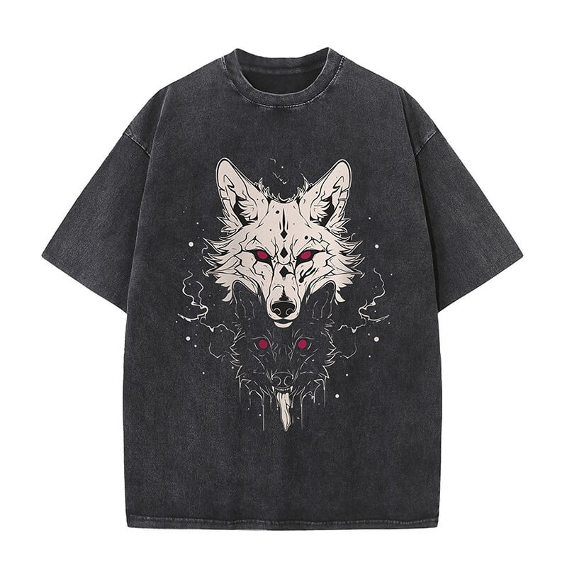 Bright And Dark Wolf Print Washed T-shirt