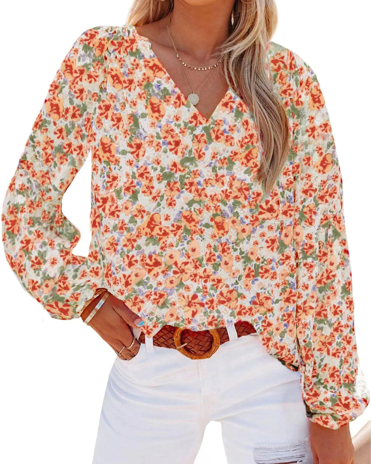 BTFBM Floral V-Neck Blouse - Boho Chic Design in Vibrant Orange, Size Large