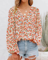 BTFBM Floral V-Neck Blouse - Boho Chic Design in Vibrant Orange, Size Large