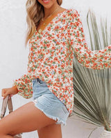 BTFBM Floral V-Neck Blouse - Boho Chic Design in Vibrant Orange, Size Large