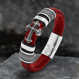 Budded Cross Stainless Steel Braided Leather Bracelet