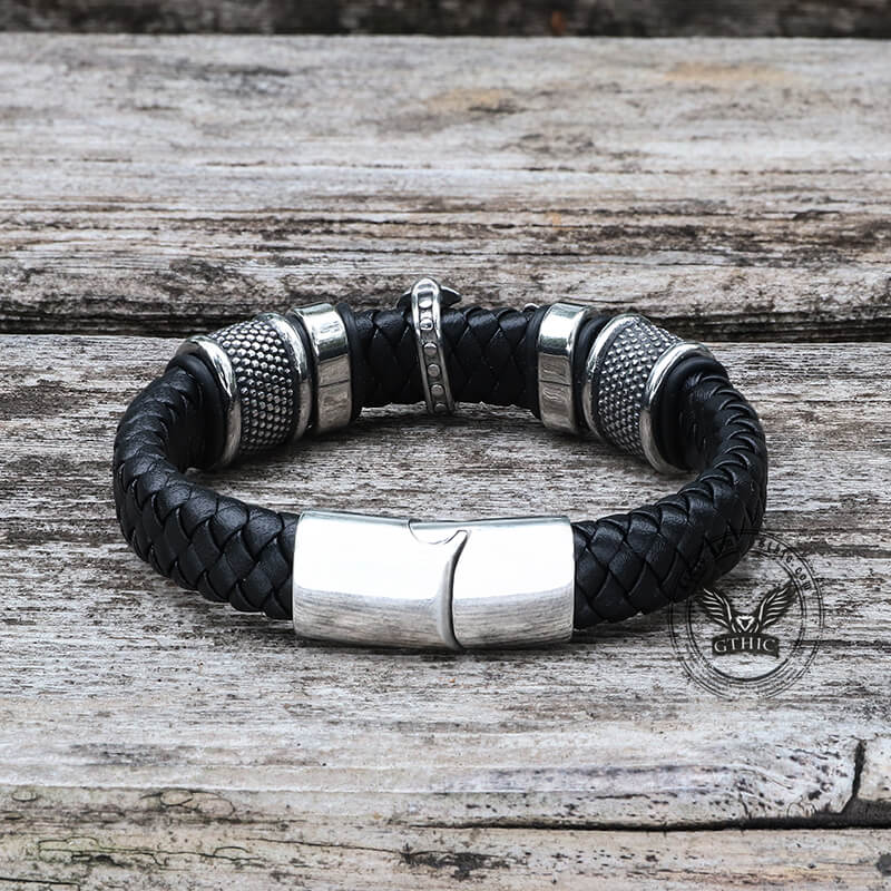 Pulsera de cuero trenzado de acero inoxidable con cruz en ciernes