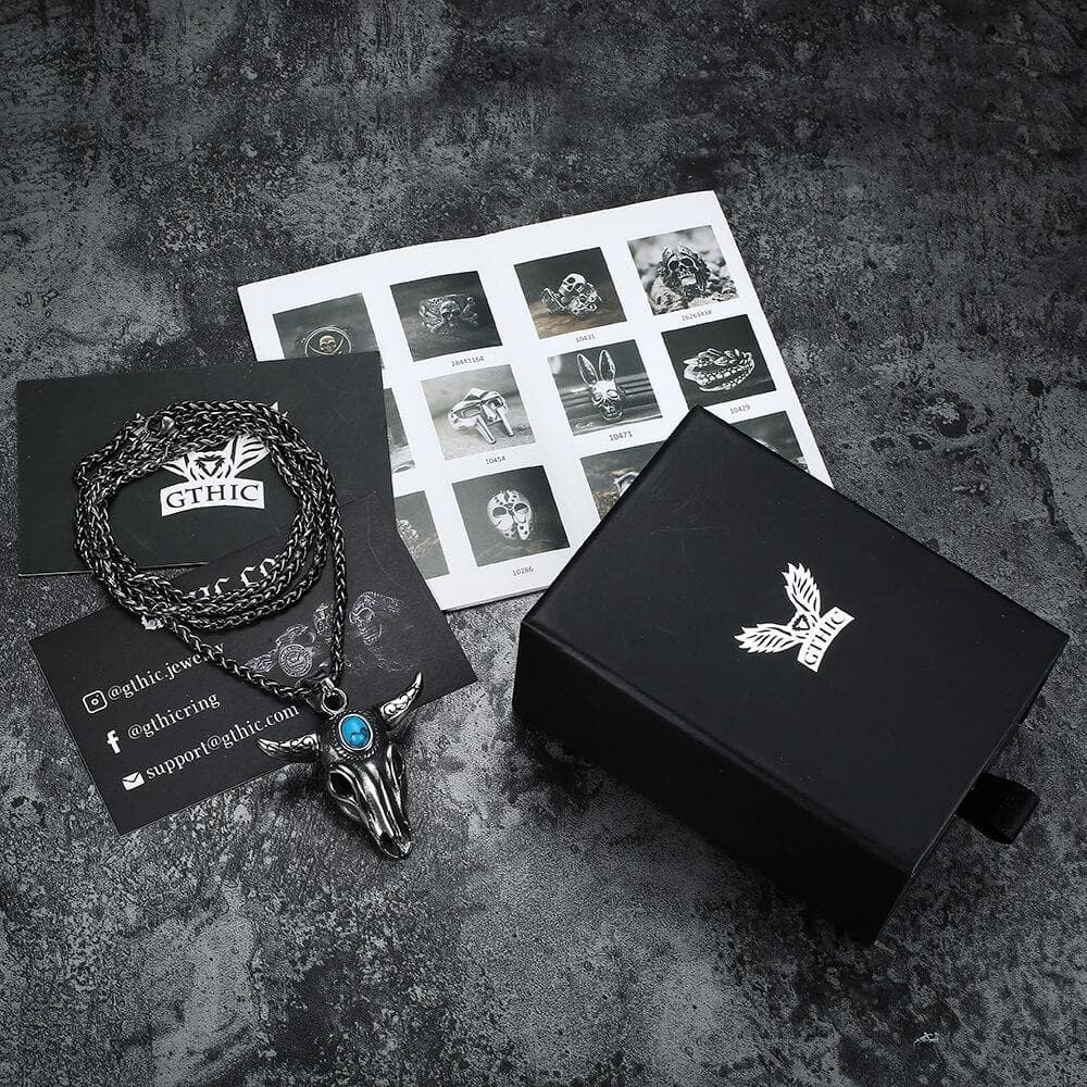 Colgante de acero inoxidable con calavera y turquesa de cabeza de toro