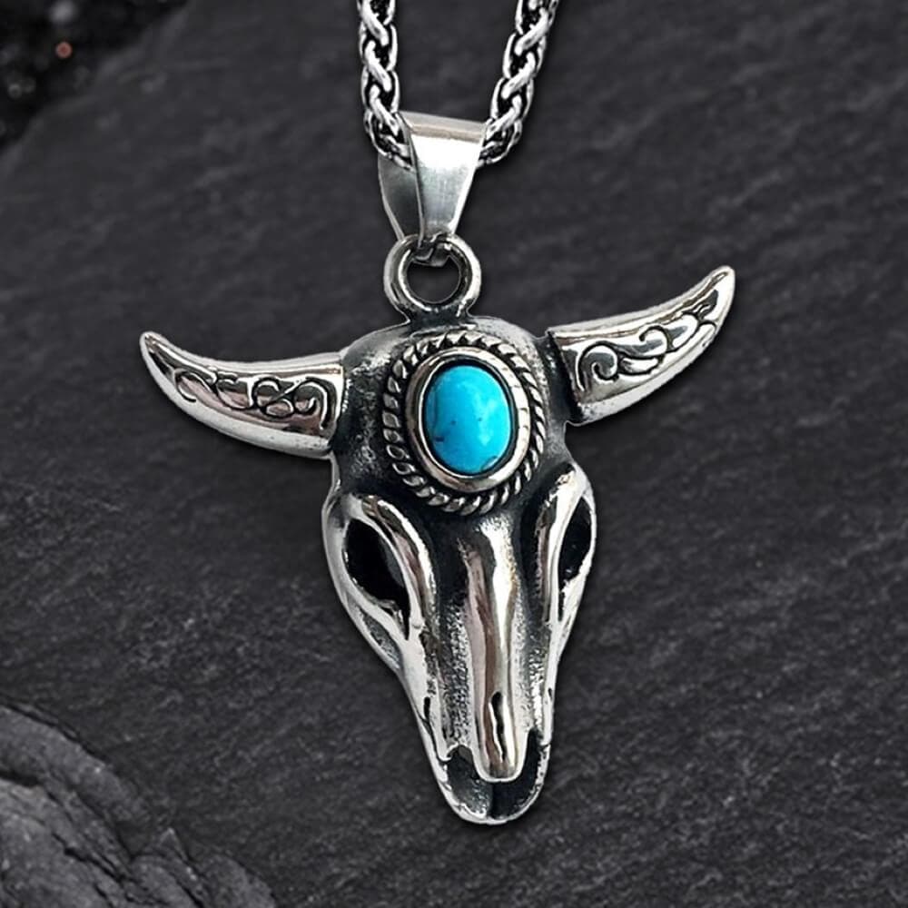 Colgante de acero inoxidable con calavera y turquesa de cabeza de toro