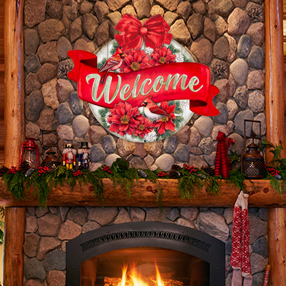 Christmas Wreath Welcome Sign Front door welcome sign Main entrance banner Welcome sign - Wooden front porch decor - 933117H