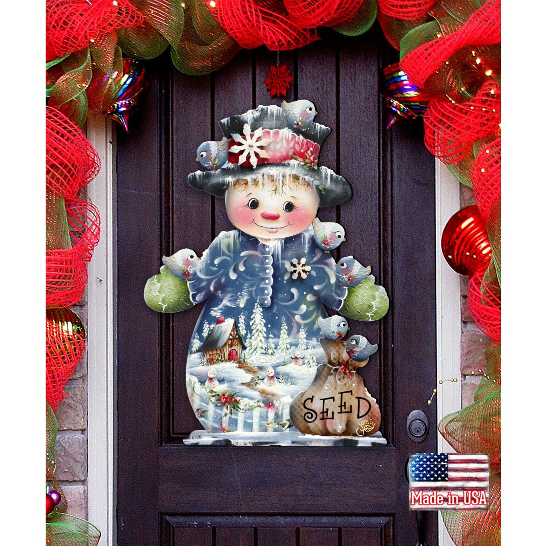 Decoración para puerta "Amigos congelados" (brillo escarchado) de Jamie Mills-Price - Decoración navideña de Papá Noel y muñeco de nieve - 8457511H