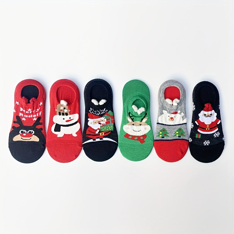 6 pares de calcetines navideños con estampado de dibujos animados, suaves y cómodos, de corte bajo, para mujer.