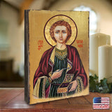 Icono sagrado ortodoxo religioso de madera bañado en oro de San Pantaleón - Decoración inspiradora - 85023