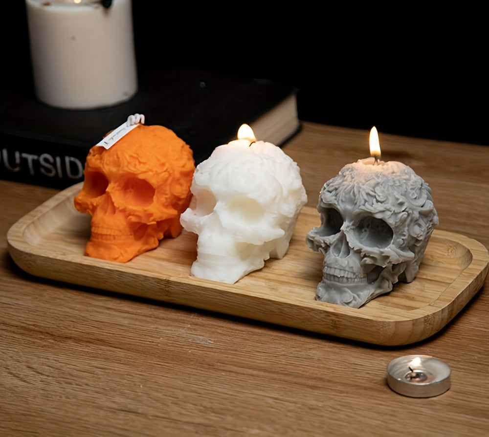 Bougie d'aromathérapie Crâne d'Halloween - Bougie parfumée à la cire de soja à mèche unique dans un pot, de forme ovale avec embellissements pailletés pour une décoration d'ambiance festive