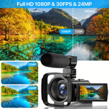 Cámara Nicamery HD 1080P con zoom eficiente de 16x, antivibración, compatible con micrófono externo, cámara web Full HD de 2400 píxeles, control remoto, parasol, 2 baterías de 1000 mAh, larga duración y tarjeta TF de 32 GB.