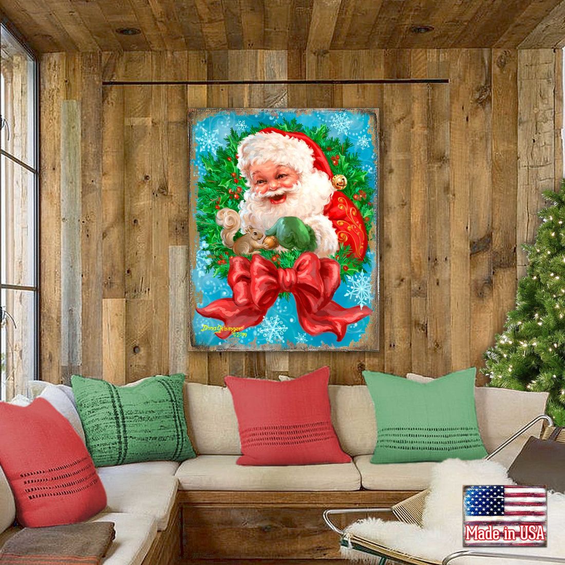 Arte de pared de madera con corona de lazo de Papá Noel de D. Gelsinger - Decoración navideña de muñeco de nieve de Papá Noel - 95606B-1309