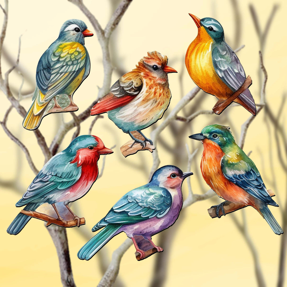 Forest birds Decorative Wooden Clip-on Ornaments of 6 by G. Debrekht - Christmas Decor - 8090015C-S6