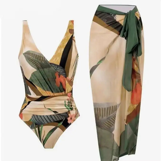 Women's Beach Beach Two Piece Plant Printed V-neck Top Strap Skirt Set - Lootquake