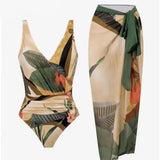 Women's Beach Beach Two Piece Plant Printed V-neck Top Strap Skirt Set - Lootquake