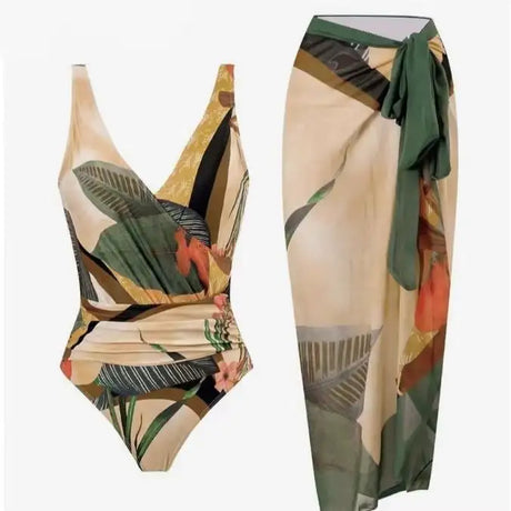 Women's Beach Beach Two Piece Plant Printed V-neck Top Strap Skirt Set - Lootquake