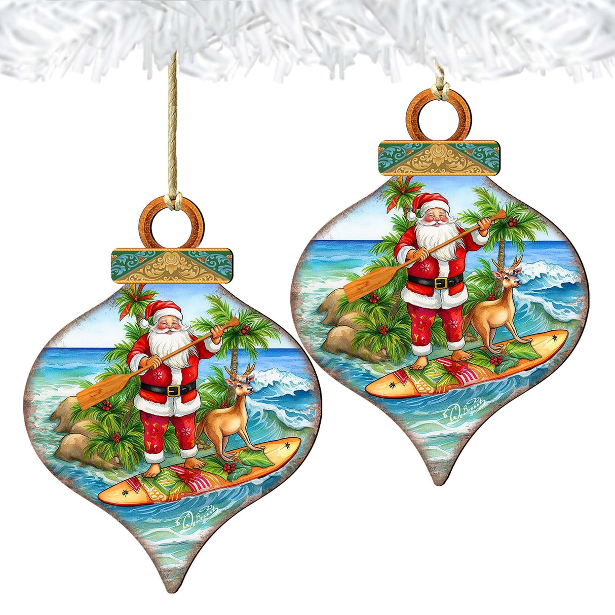 Beach Themed Ornaments - Santa's Surf Wooden Ornaments by G.Debrekht Coastal Holiday Decor - 8688187