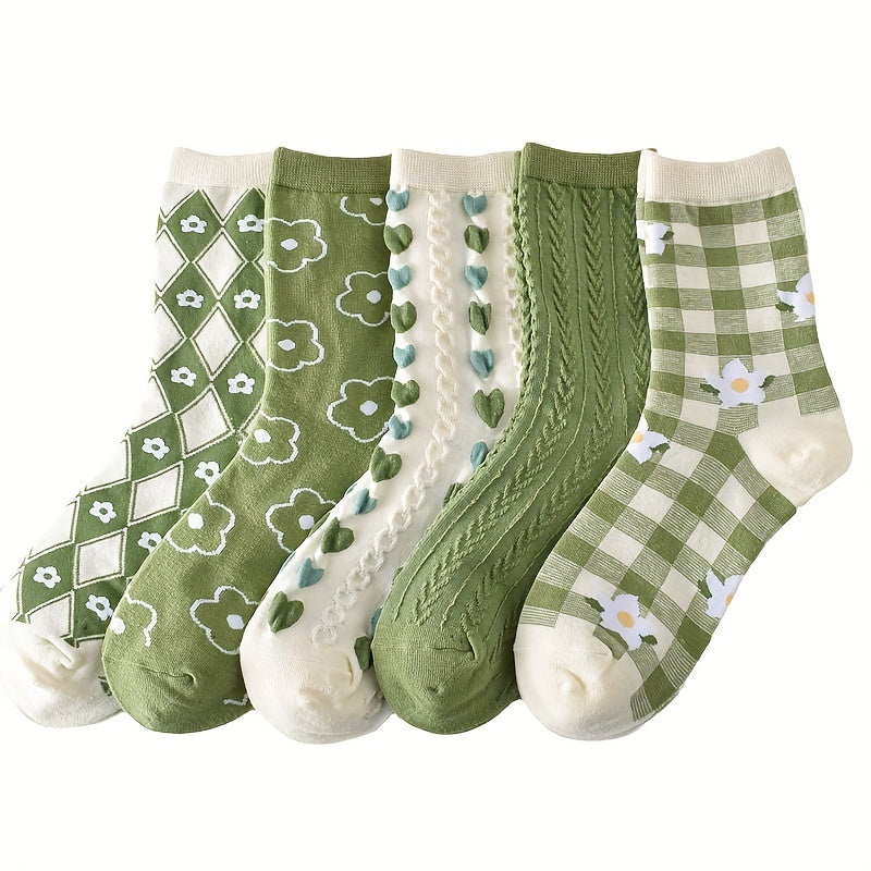 5 paires de chaussettes à imprimé floral, chaussettes mi-hautes douces et confortables, bas et collants pour femmes