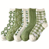 5 paires de chaussettes à imprimé floral, chaussettes mi-hautes douces et confortables, bas et collants pour femmes