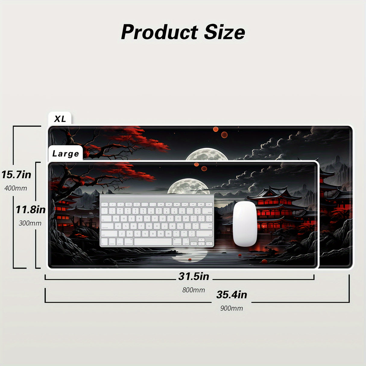 Japanese Style Full Moon River Landscape Desk Mat, Non-Slip Rubber Gaming Mouse Pad, Extended Keyboard Mat for Office and Home Decor, 35.4 x 15.7 Inches