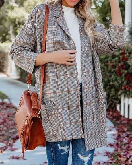 Ladies' Plaid Printed Open Collar Casual Suit Jacket - Lootquake
