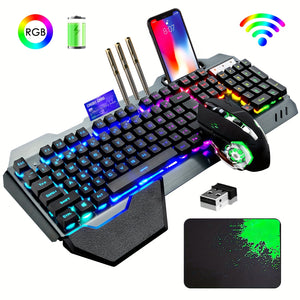 QZUKOY Ensemble clavier et souris de jeu sans fil rétroéclairé arc-en-ciel, panneau métallique rechargeable, clavier mécanique et souris de jeu pour ordinateur portable et PC de jeu