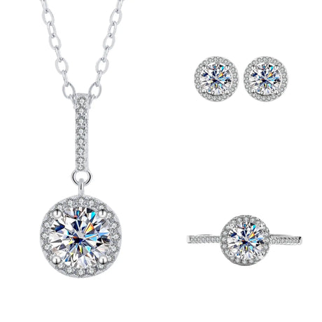 S925 Sterling Silver Moissanite Round Bag Three-piece Female Ring Necklace - Lootquake