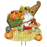 Outdoor Garden Stakes Fall Decoration - Harvest Gnome Welcome Sign - Wheelbarrow Cornucopia - Handmade Gift - Autumn Adornment - Wooden Ornament by Susan Winget - 8471207M-SW