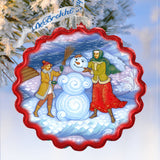 Palekh Building Snowman Wreath Glass Ornament by G. DeBrekht - Christmas Decor - 759-038