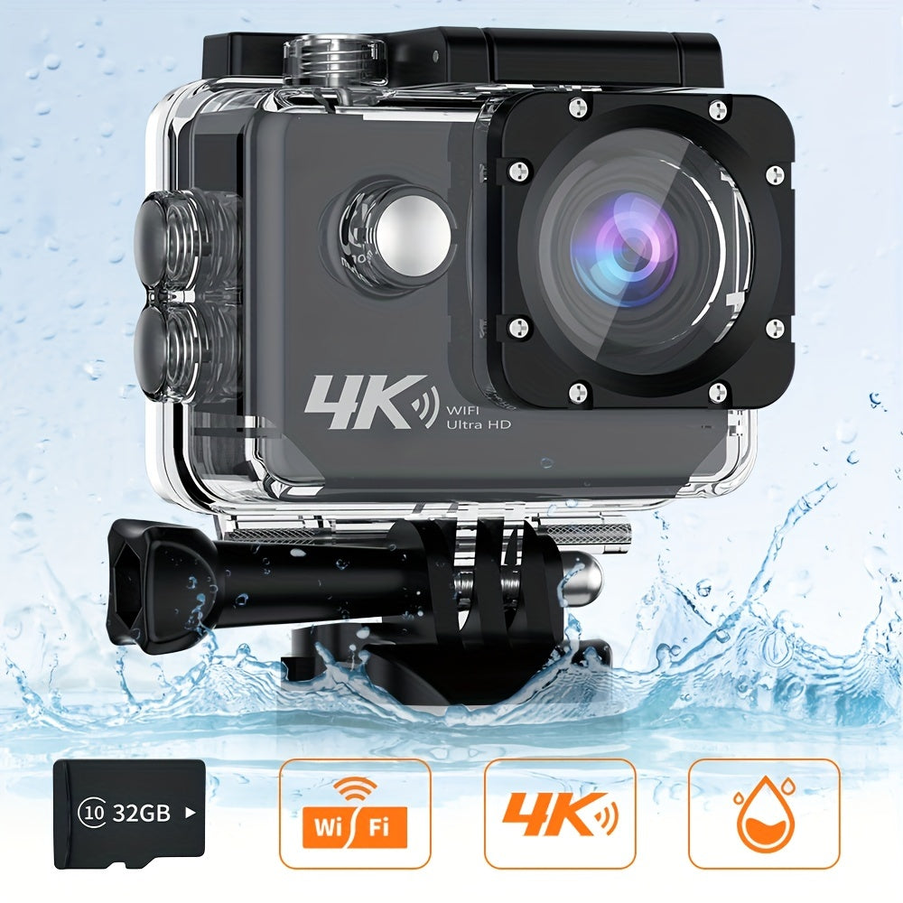 Ourlife 4K Ultra HD Action Camera with WiFi, 32GB Memory Card Included, Transparent Underwater Sports Camera, Digital Zoom, Automatic Focus, LCD Display, Rechargeable Battery, Ideal for Outdoor Adventures, Underwater Photogra