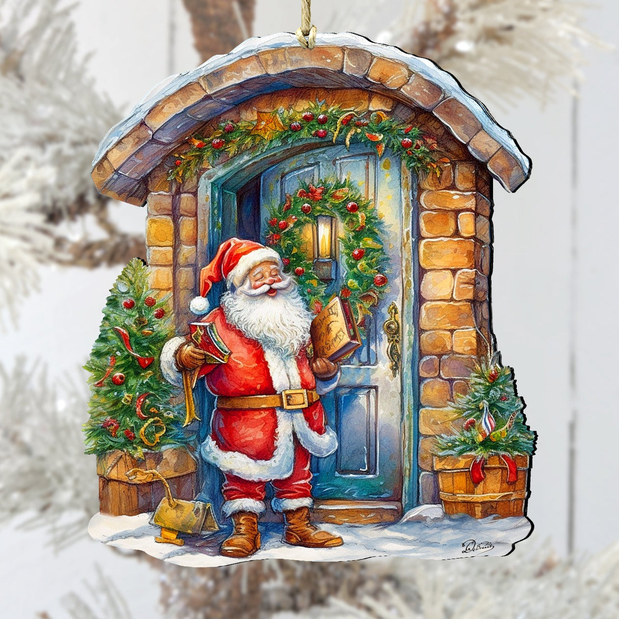 Joyful Moments at the Doorstep Wooden Ornaments by G. Debrekht Christmas Santa Snowman Decor - 8611046