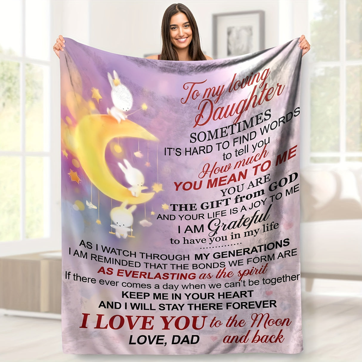 Manta con mensaje sentimental para mi hija, suave manta de franela con temática lunar, regalo de papá para interiores, decoración acogedora para el hogar.