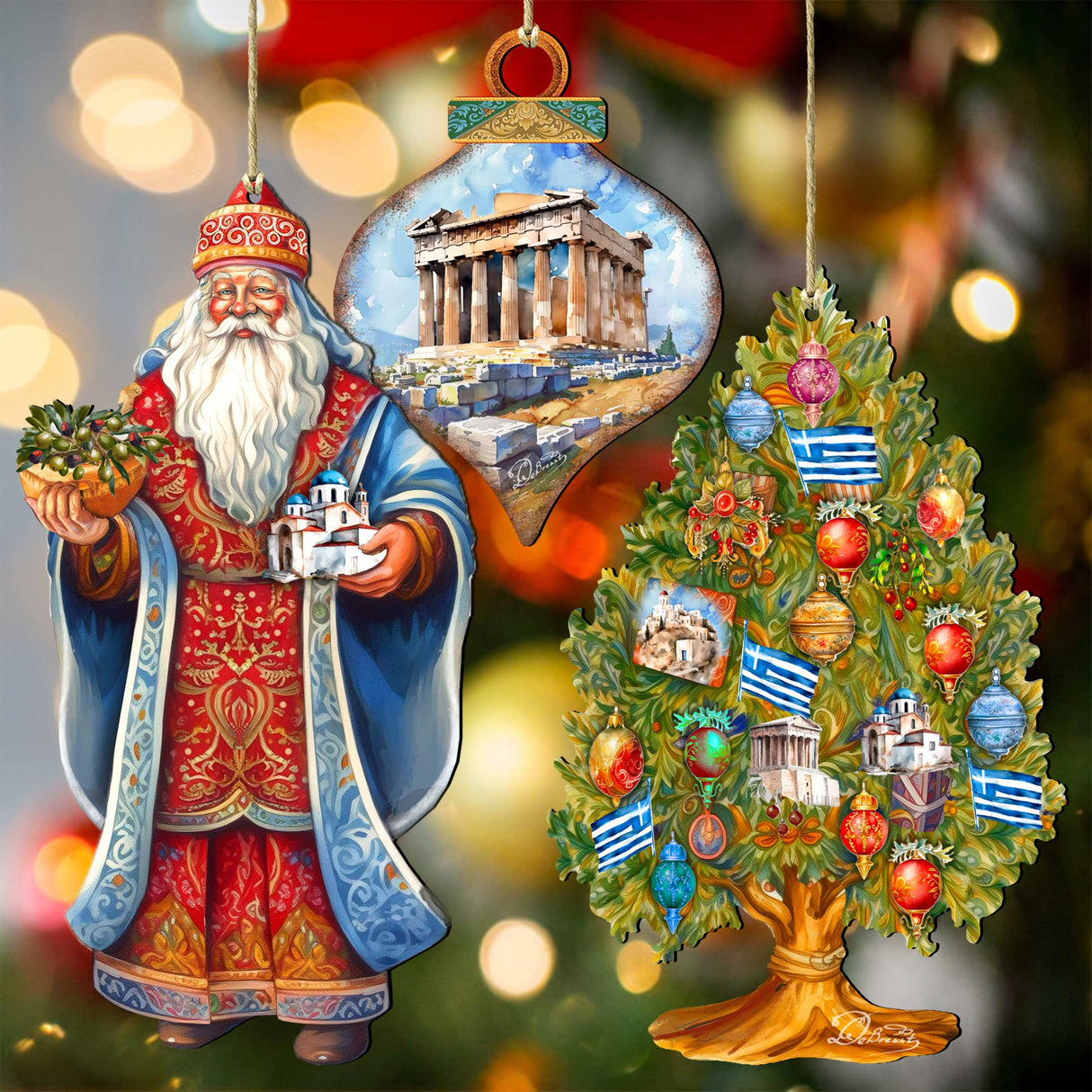 Papá Noel de todo el mundo - Papá Noel inspirado en Grecia - Juego de 3 adornos de madera de G. DeBrekht - Decoración navideña de Papá Noel y muñeco de nieve - 8091316S3