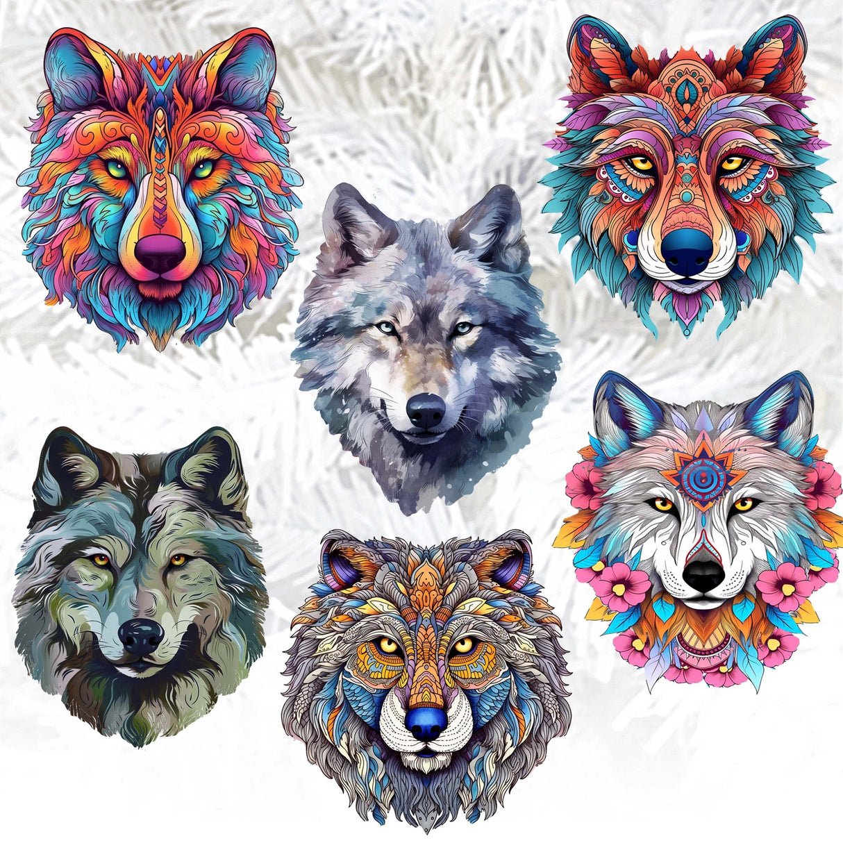 Enigmatic Wolves Decorative Wooden Clip-on Ornaments Set of 6 by G. Debrekht - Wildlife Decor - 8090113C-S6