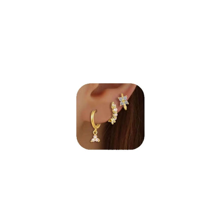 Brass Real Gold Plating Inlaid Zircon Geometric Flower Three-piece Set - Lootquake
