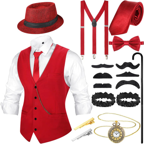 Hercicy 1920s Mens Costume Accessories Set Gangster Vest Hat Suspenders 20s Outfit Clothing for Men 1920s (Wine RedX-Large) - Lootquake