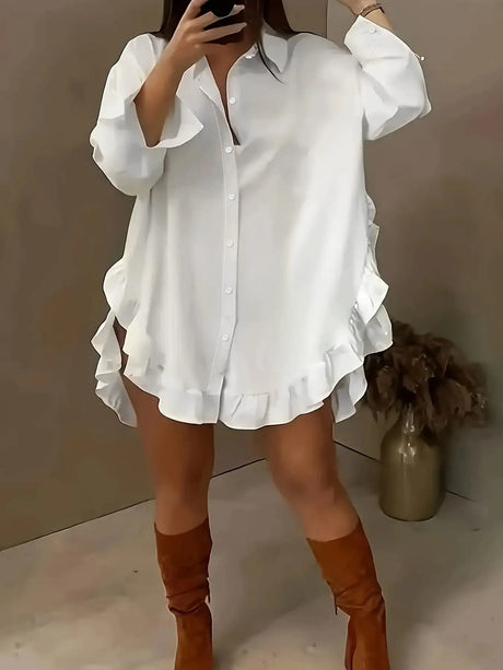 Hem Ruffled Casual Long Sleeve Shirt - Lootquake