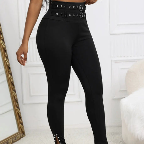 Ladies' Solid Color Casual Style Tight Fitting High Waist Slim Fit Slit Detail Pants Waist Ring Fake Belt Design Sense Tapered Pants - Lootquake