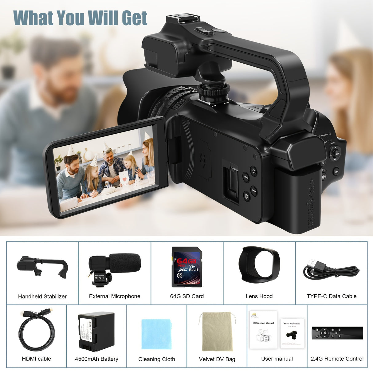 Cámara de video 6K de 64 MP con zoom de 18x, visión nocturna por infrarrojos, pantalla táctil de 4 pulgadas, wifi, micrófono y control remoto.
