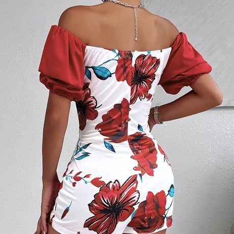 Ladies' Fashionable Casual Floral Print Off Shoulder Knot Decoration Hollow Jumpsuit - Lootquake
