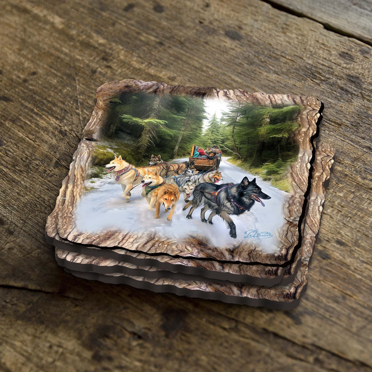 Husky Ride Wooden Cork Coasters Gift Set of 4 by Nature Wonders Nature Wildlife Decor  - 95401C-S4