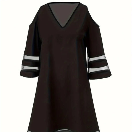 Ladies' Abstract Printed Color Blocked Off Shoulder Contrasting Mesh Casual Dress - Lootquake