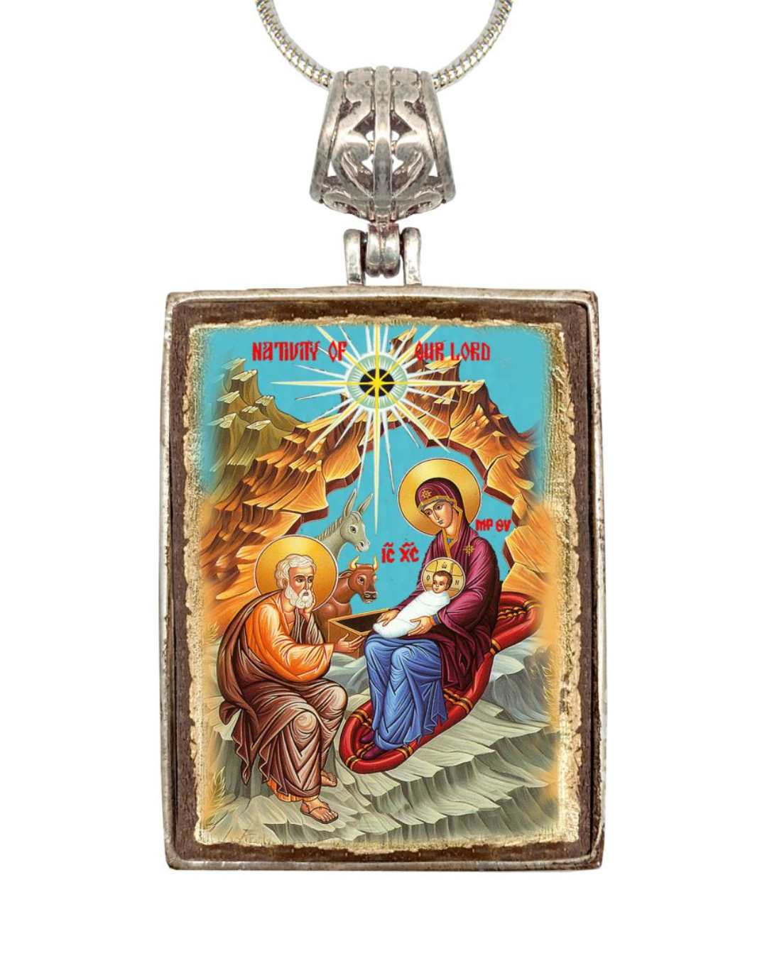 Nativity Religious Jewelry Silver Plated Necklace, Gold-Plated Wooden Cabochon - Orthodox Sacred Icon - Inspirational Icon Decor - 43052R