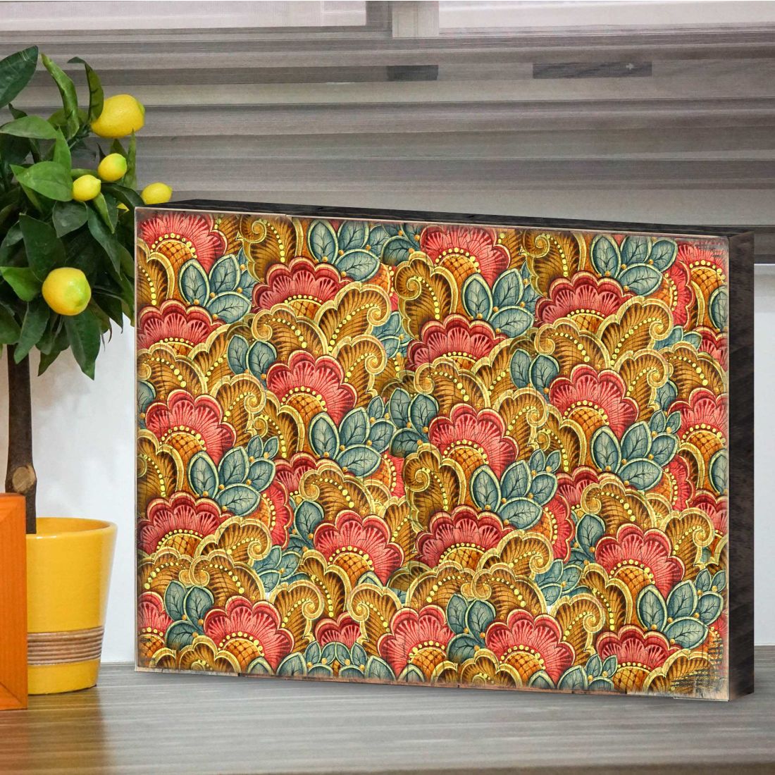 Bloque de pared rústico floral dorado, rojo y azul de G. DeBrekht - Decoración floral ornamental - 95019B