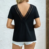 Women's Solid Color Deep V-neck Backless Lace Patchwork Loose T-shirt - Lootquake