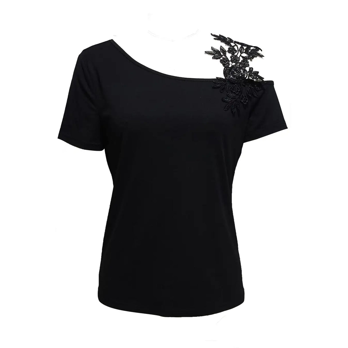 Ladies' Solid Color Lace Appliqu E Shoulder Strap Slanted Shoulder Collar Off Shoulder Elegant Design T-shirt Top - Lootquake