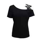 Ladies' Solid Color Lace Appliqu E Shoulder Strap Slanted Shoulder Collar Off Shoulder Elegant Design T-shirt Top - Lootquake