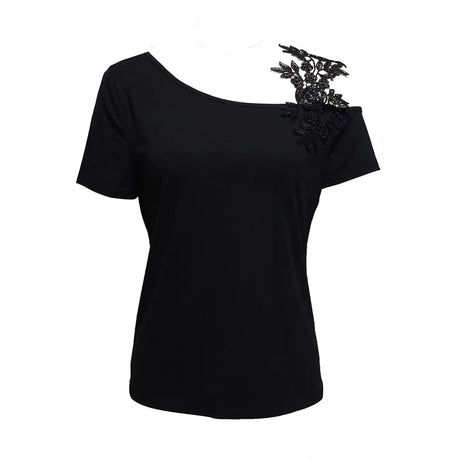 Ladies' Solid Color Lace Appliqu E Shoulder Strap Slanted Shoulder Collar Off Shoulder Elegant Design T-shirt Top - Lootquake